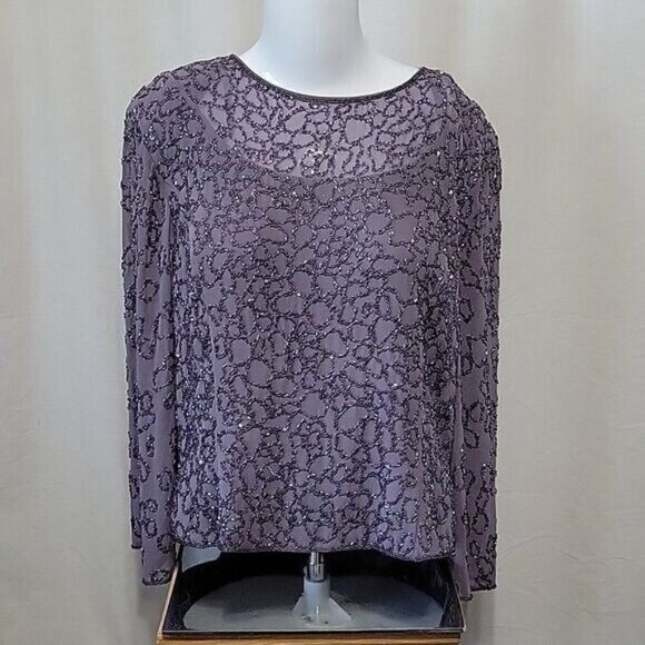 Sylvia Ann Blouse Beaded Periwinkle sequined Size 10-12 formal dressy party vtg - Picture 2 of 7